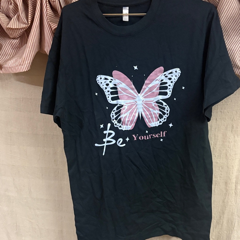 SHEIN Black Tee with Pink Butterfly Design